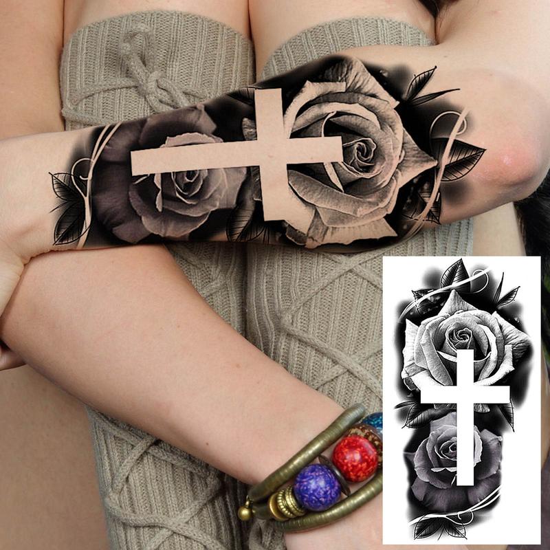 Rose & Cross Pattern Temporary Tattoo Sticker, Waterproof Long Lasting Fake Tattoo Sticker, Body Art Decoration