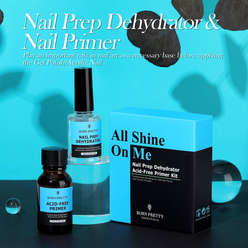 BORN PRETTY Natural Nail Prep Dehydrate and Bond Primer Acid-Free,15ml Dehydrator for Acrylic and Gel Nail Polish, Non Acid Primer for UV Gels Fast Dry Superior Bonding Agent Gift Box Set For Nail Art Nail Care