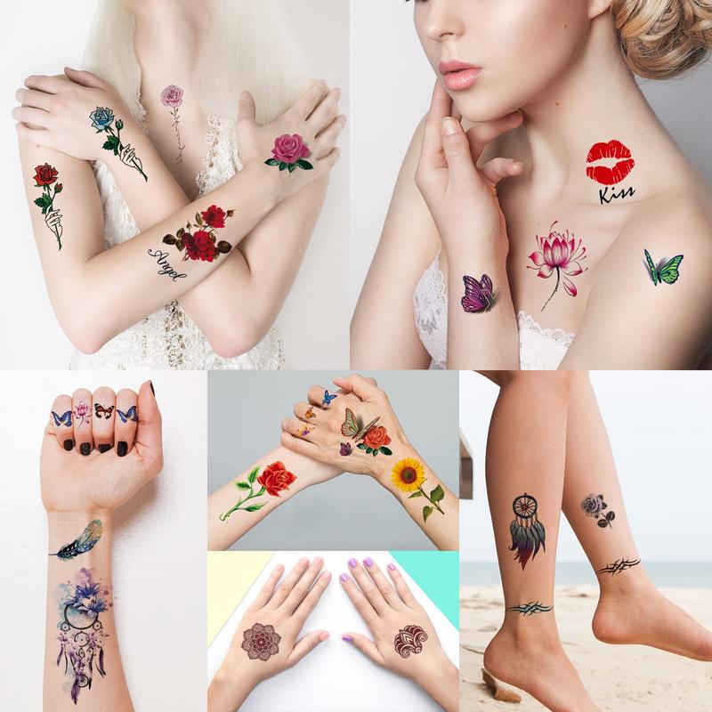 72-82 Sheets Flowers Temporary Tattoo Stickers, Roses, Butterflies and Multicolor Mixed Style Body Art Temporary Tattoos for Women, Girls