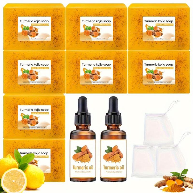 Turmeric Soap Set, 8 Counts Turmeric Soap Bar with 2 Counts Turmeric Essential Oil, Deep Cleansing & Moisturizing Soap Bar Set for Hair & Skin