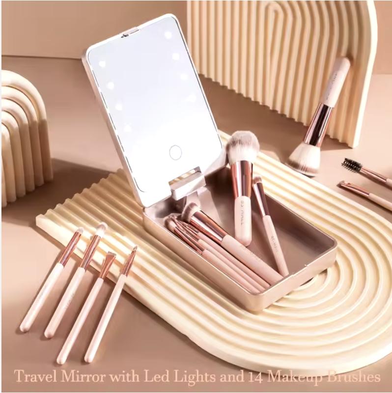 MAR'F BEAUTY: BS-MALL 14PCS Travel Makeup Brush Set with   and Mirror Professional LED Storage Makeup Brush Set Light