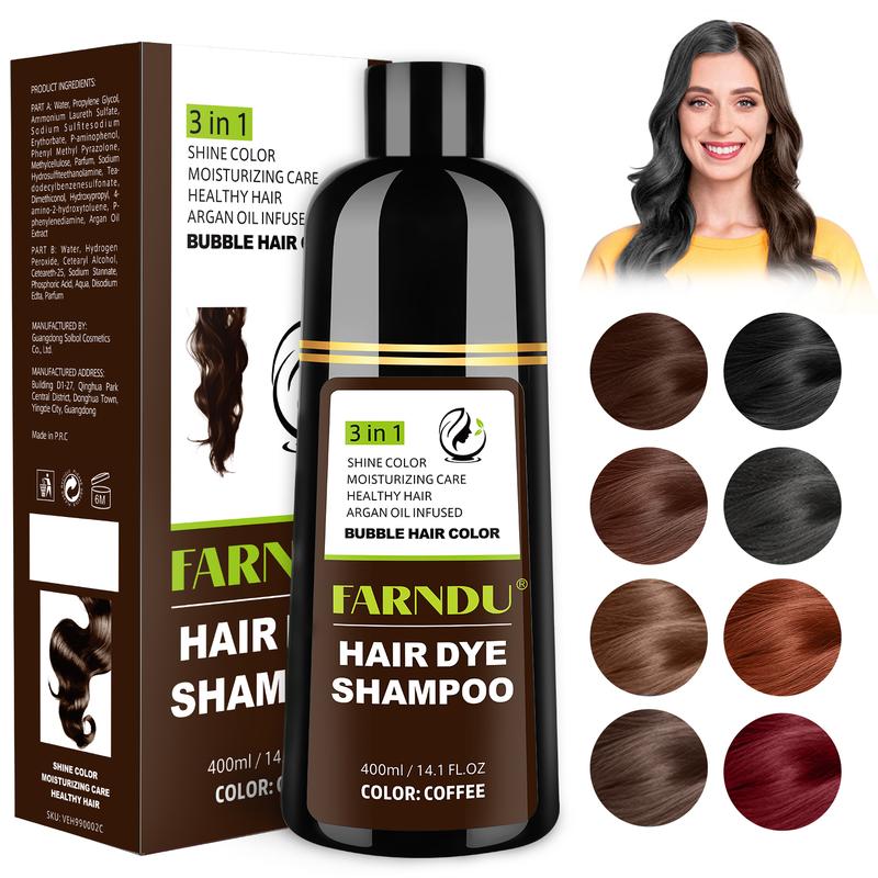 FARNDU-Hair Dye Shampoo, Gray Hair Coverage, 3 in 1 (+Shampoo+Conditioner), 5 Colors Available, 10 Mins Hair Color, Glossy and bright, For Men & Women with All Hair Types, Long Lasting, Plant extracts, Fruity aroma Ammonia-Free Mild (400 mL)-Coffee