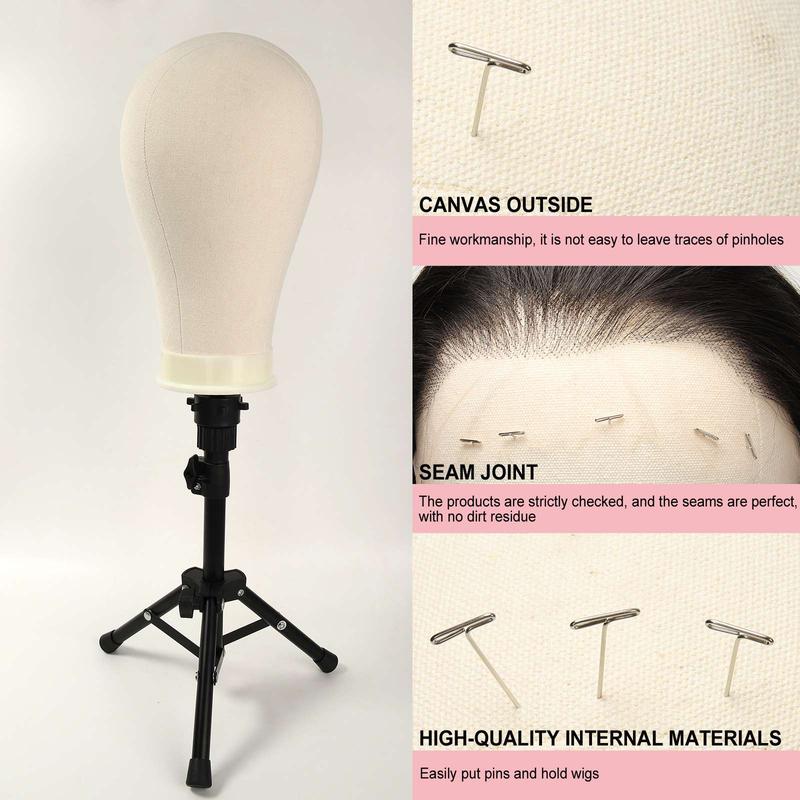 WOWANGEL 23 Inch Wig Head,Wig Stand Tripod with stand,Canvas head,Manikin Head Block Set for Wigs Making Display ，T Pins Set,Bristle Brush Haircare Heatless