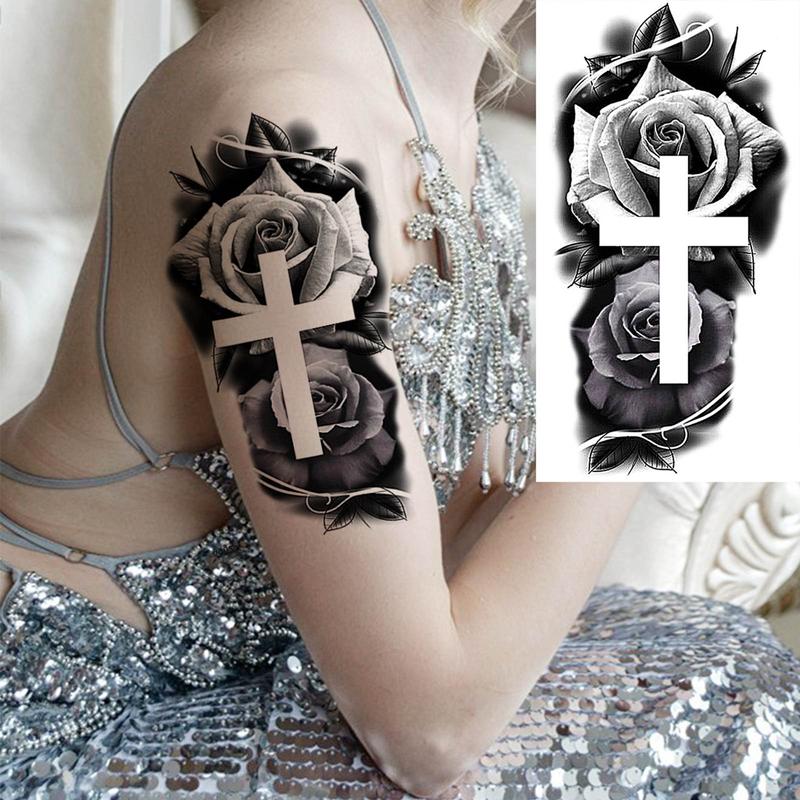 Rose & Cross Pattern Temporary Tattoo Sticker, Waterproof Long Lasting Fake Tattoo Sticker, Body Art Decoration