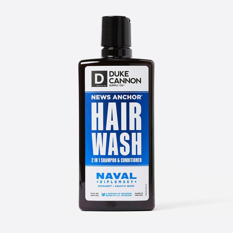 Duke Cannon Supply Co. 2-in-1 Hair Wash 14oz, Naval Diplomacy smells like bergamot and aquatic musk, shampoo and conditioner