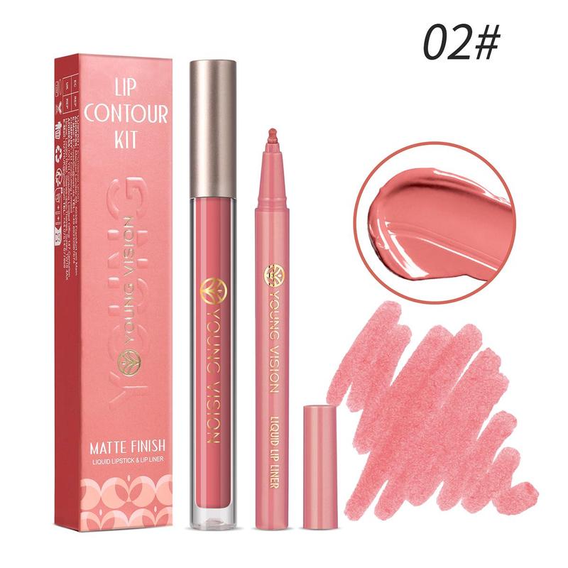 Long Lasting Matte Lipstick & Lip Liner Set, 2 Counts Easy Coloring Lip Gloss & Lip Liner, Moisturizing Matte Lipstick, Suitable for All Occasions Lip Makeup, Girls and Women Makeup Accessories