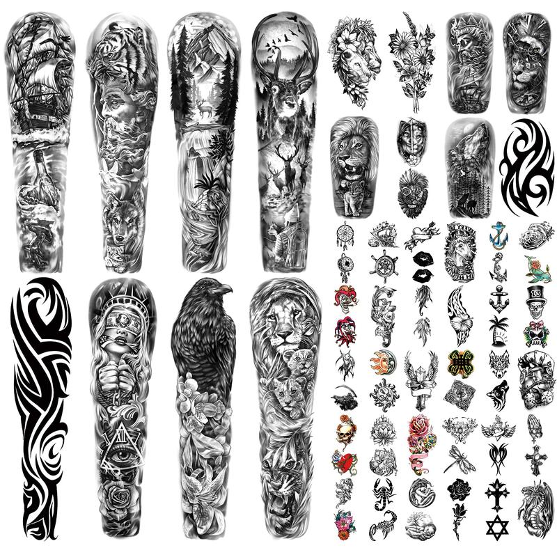 46 Sheets Full Arm Temporary Tattoo with Lion, Temporary Tattoo Sleeves for Men, Fake Tattoos Adult Realistic with Flower, Full Sleeve Tattoos for Women, Wolf Eagle  Deer