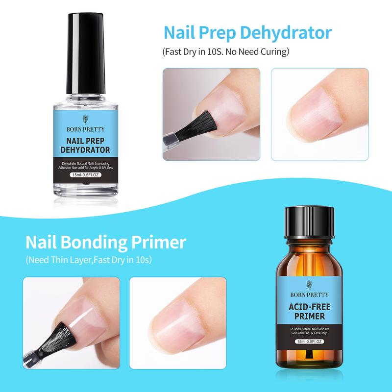 BORN PRETTY Natural Nail Prep Dehydrate and Bond Primer Acid-Free,15ml Dehydrator for Acrylic and Gel Nail Polish, Non Acid Primer for UV Gels Fast Dry Superior Bonding Agent Gift Box Set For Nail Art Nail Care