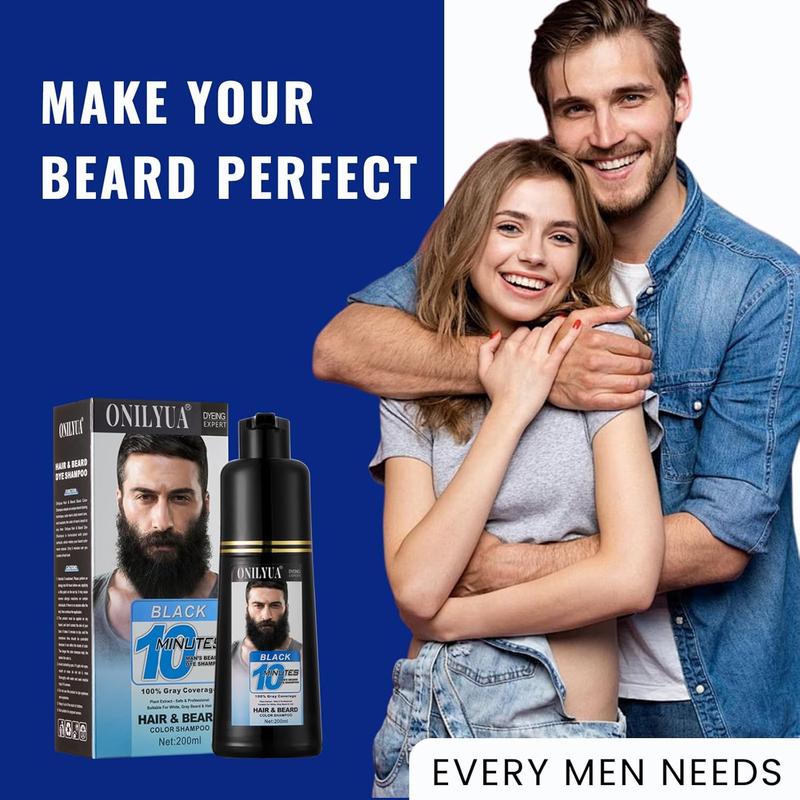 Men's 3-in-1 Beard Color Shampoo Instant 10 Mins Dye Black for Mustache Beard Darkening Hair Dye Haircare