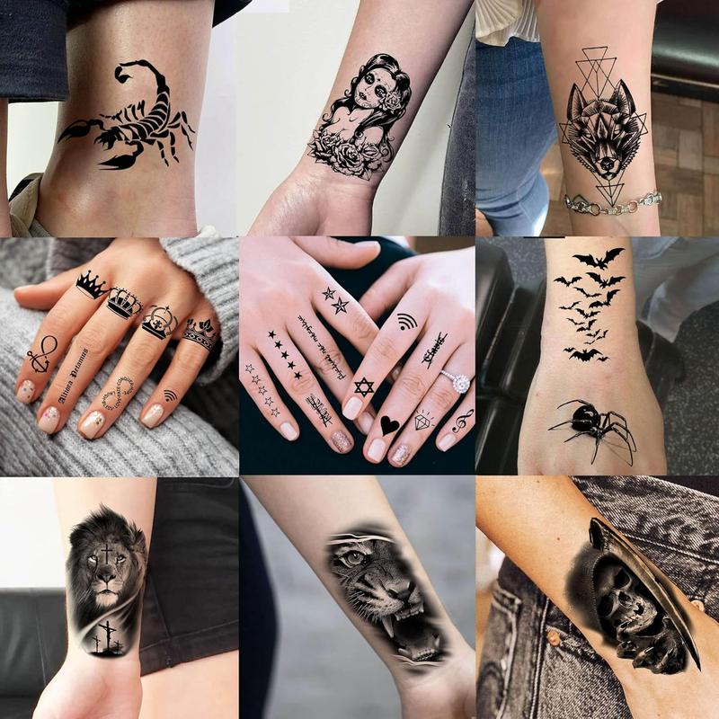 60 Sheets 3D Cool Lion Tiger Temporary Tattoos For Men Women Arm Finger Hands, Small Scary Devil  Skeleton  Tattoos For  Teens , Black Wolf Dragon Realistic  Sticker