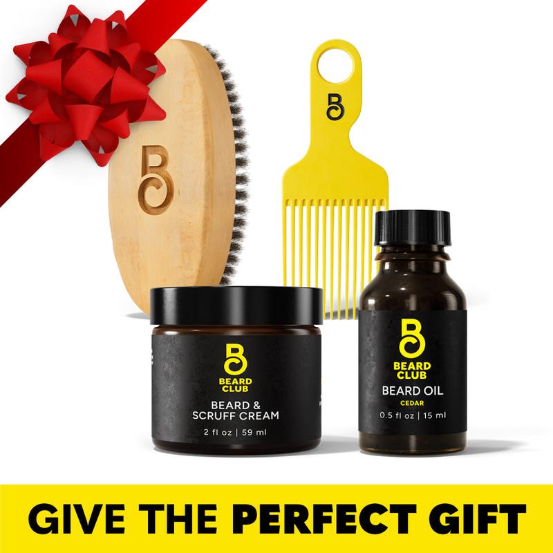 Stocking Stuffer Beard Care Kit - Beard Club - Cedar Beard Balm, Beard & Scruff Cream, Beard Brush and Beard Pick