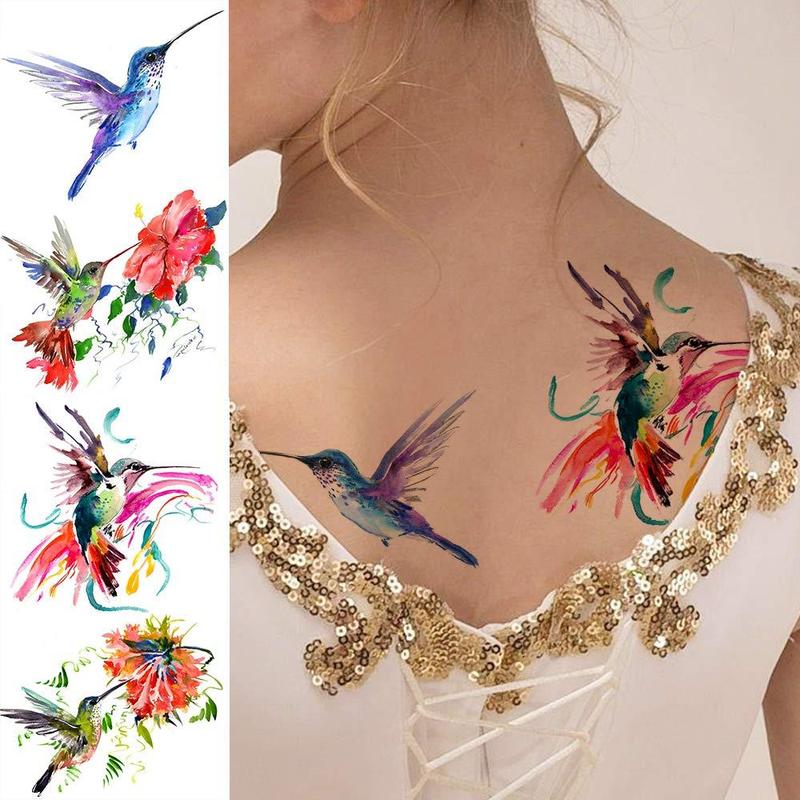 Colorful Hummingbird & Flower Pattern Temporary Tattoo, 15pcs Waterproof Fake Tattoo for Women & Girls, Creative Makeup Tattoo for Daily Use