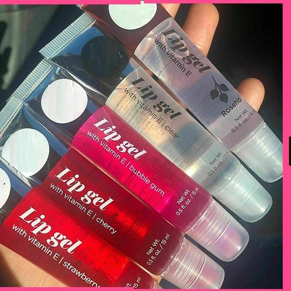 VARIETY SET OF 5   Hydrating Lip Gel - Vitamin E (Clear, Rosehip Oil, Bubble Gum, Cherry, Strawberry) For pretty girls Skincare Comfort