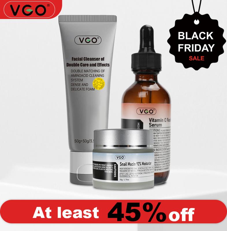 (VGO) Vitamin C Facial Serum + Snail Mucin 92% Moisturizer + Double Barrel Cleanser