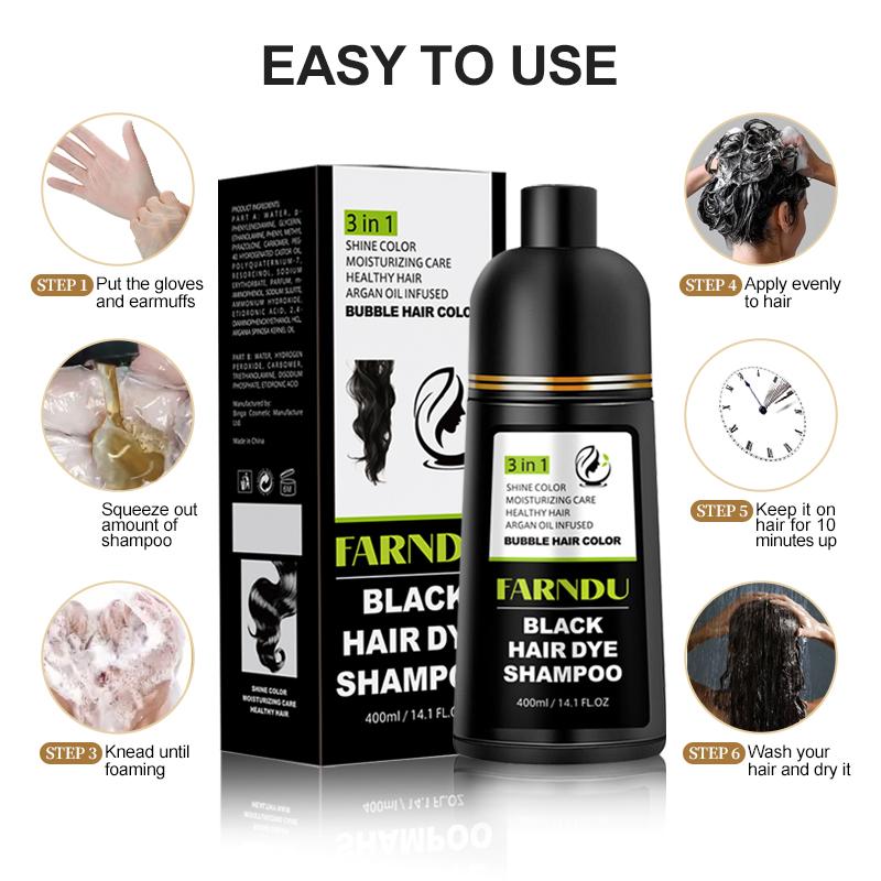 FARNDU-Hair Dye Shampoo, Long Lasting, Plant extracts, 10 Mins Hair Color, Gray Hair Coverage, 3 in 1 (+Shampoo+Conditioner), 5 Colors Available, Glossy and bright, For Men & Women with All Hair Types, Fruity aroma Ammonia-Free Mild (400 mL) Haircare