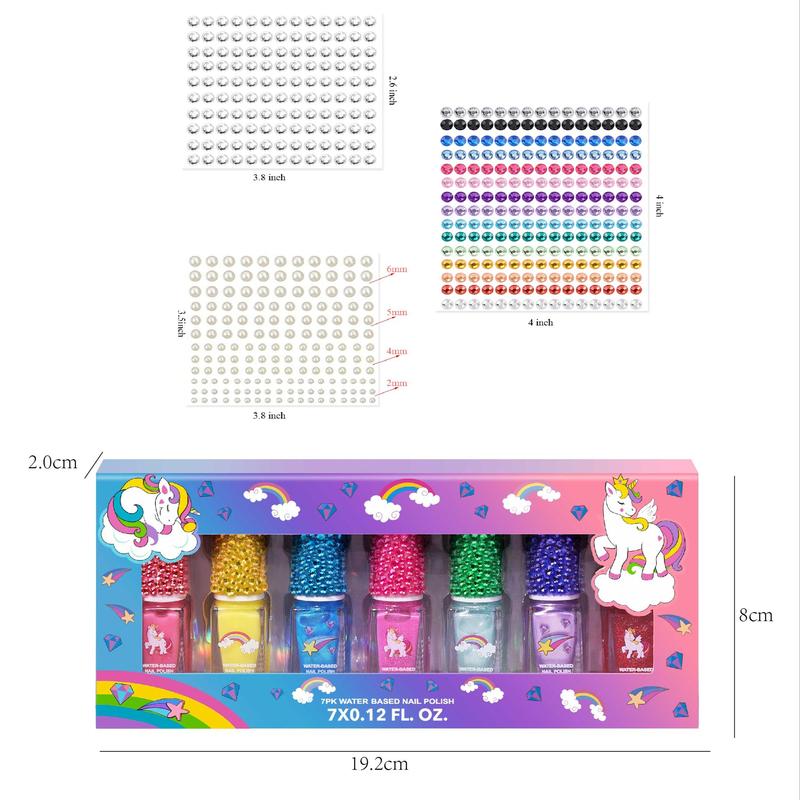 Unicorn Themed Water-based Nail Polish Set, 7 Counts Quick Dry Nail Polish & 8 Counts Rhinestone Sticker, Nail Art & Nail Polish Kit for Women & Girls