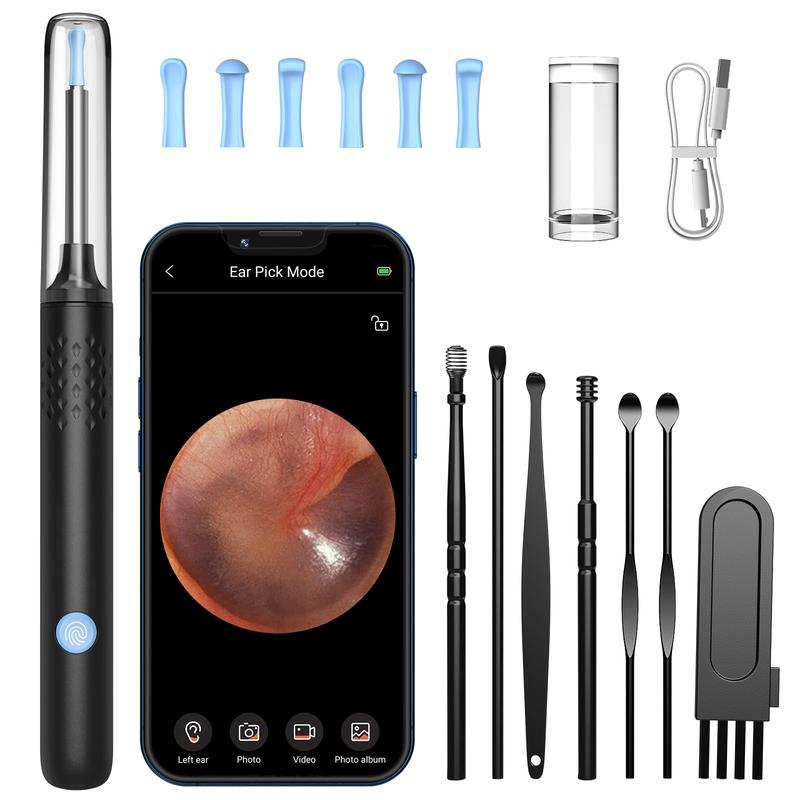 Ear Wax Removal, Ear Cleaner with 7 Pcs Ear Set, Ear Wax Removal Tool Camera with 1080P Ear Otoscope & 6 LED Lights, Wireless Ear Pick for Ear Cleaning with 6 Ear Spoons Black