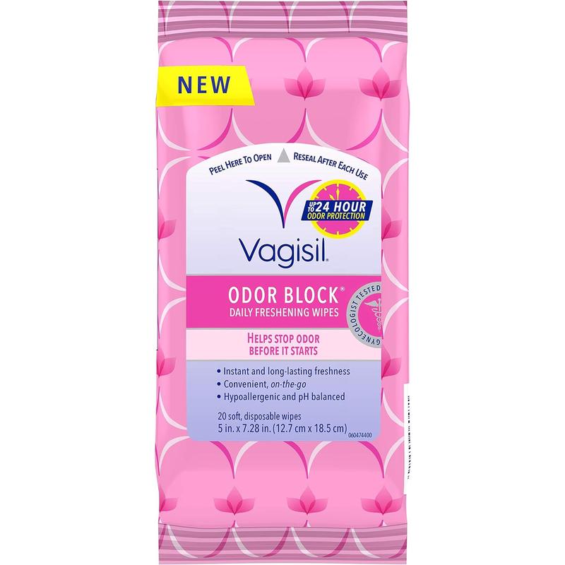 Vagisil Odor Block Daily Freshening Wipes for Feminine Hygiene in Resealable Pouch, Gynecologist Tested & Hypoallergenic, 20 Wipes (Pack of 1) No brand