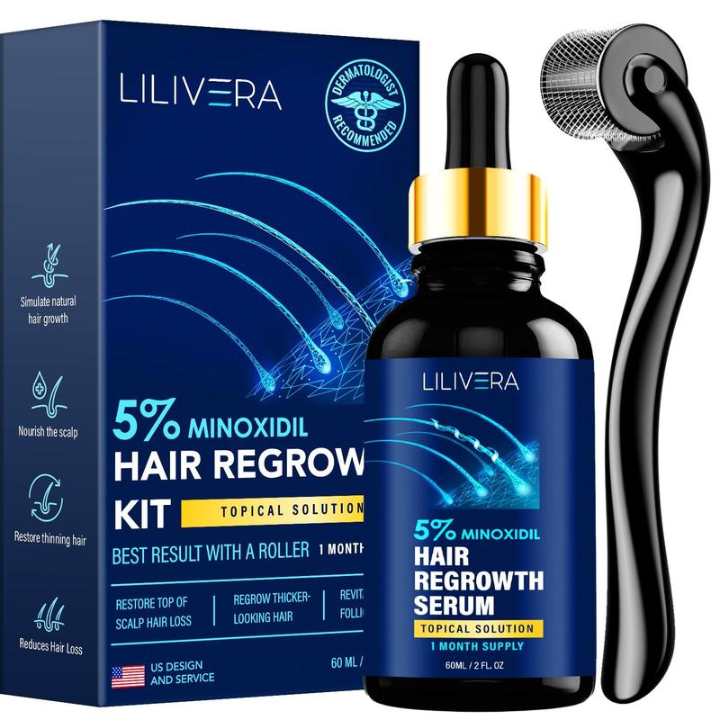 Lilivera 5% Minoxidil for Men and Women kit, Hair Growth Serum with tool- with Biotin - Topical Serum for Scalp Hair Loss Thinning or Longer Hair Care