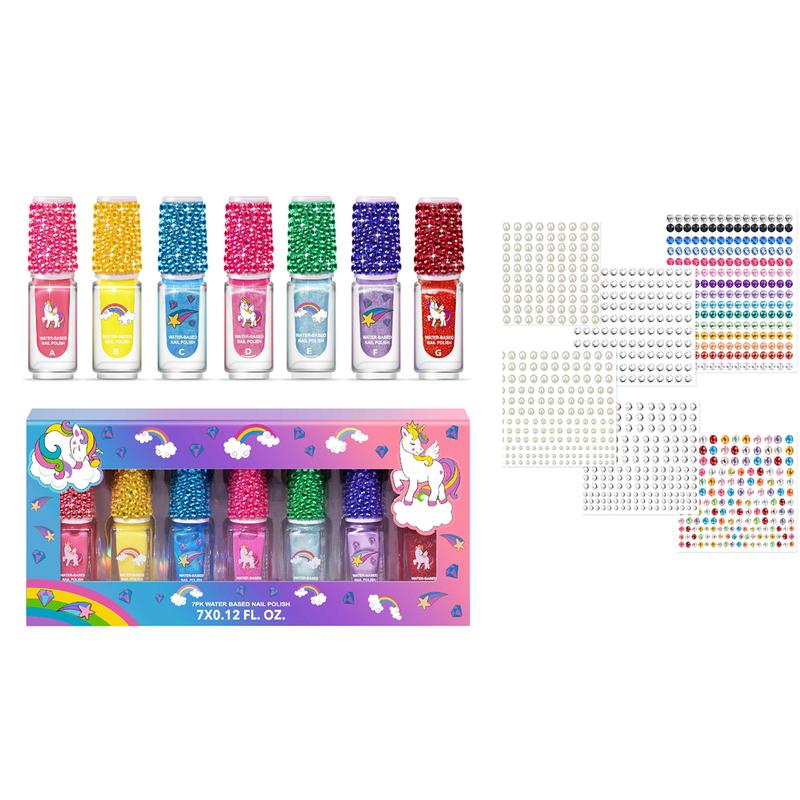 Unicorn Themed Water-based Nail Polish Set, 7 Counts Quick Dry Nail Polish & 8 Counts Rhinestone Sticker, Nail Art & Nail Polish Kit for Women & Girls