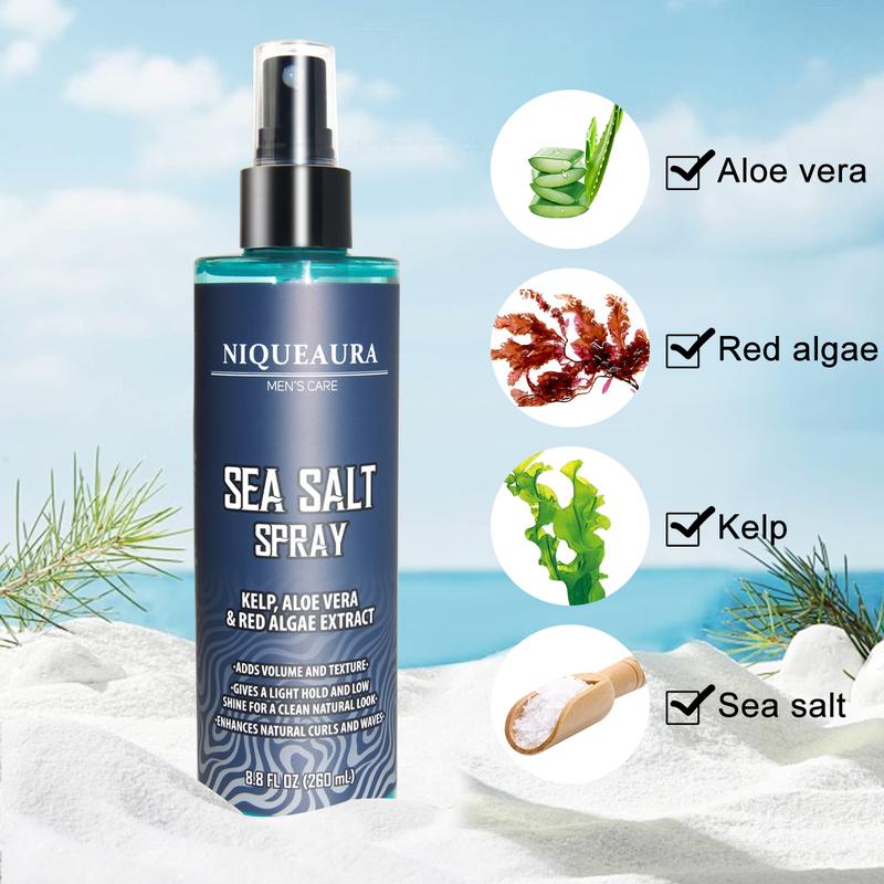 NiqueAura Sea Salt Spray for Hair Men - Texturizing with Kelp, Aloe Vera & Red Algae Extract Surf to Add Volume and Texture Beach Hair Care Comfort