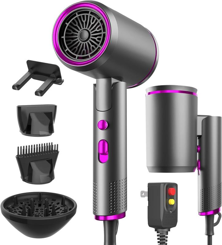 Portable Ionic Hair Dryer, Foldable Handle Hair Dryer,1600W Blow Dryer with Diffuser Concentrator Comb Nozzle,Intelligent Temperature Control,Low Noise for Home Salon Travel (Grey)