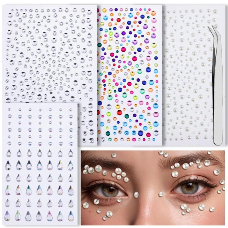 Self Adhesive Face Rhinestone Sticker with Tweezers, 4 Counts set Face Gems Sticker for Makeup, Stick on Face Decoration Sticker for Nail, Eye, Hair, Body, Craft