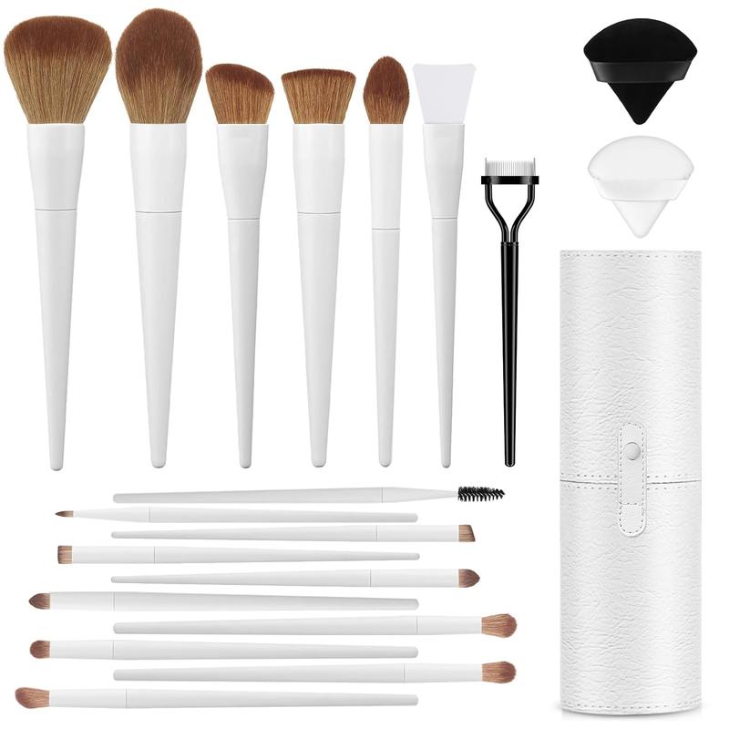 Professional Makeup Brush Set, with Foundation Eyebrow Blending Concealer Blush Eyeshadow Contour Powder Brush, Brushes Kit with Travel Case & 2 Powder Puff-White