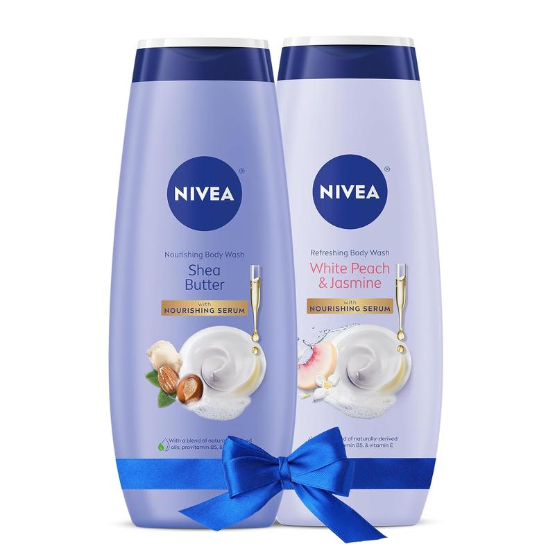 NIVEA Body Wash Set with Nourishing Serum, Moisturizing Body Wash for Dry Skin, Shea Butter Nourishing Body Wash, 20 Fl Oz + White Peach and Jasmine Body Wash, 20 Fl Oz, Holiday Gifts for Women