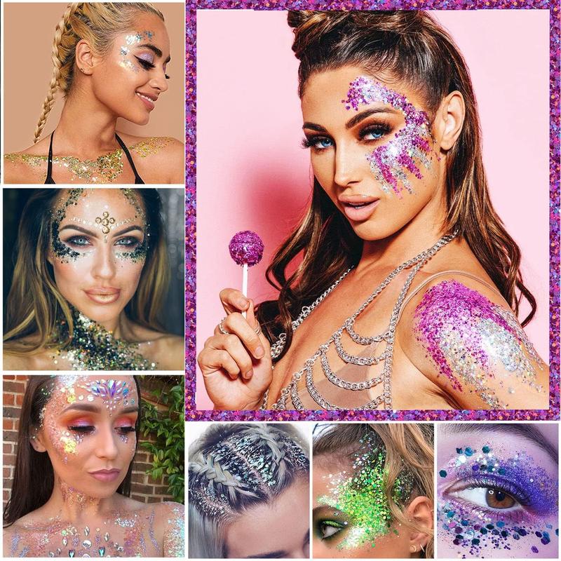 12 Colors of Holographic Chunky Glitter with Quick Dry Glue, 12 Pots Total 120g Multi-Shaped for Body Hair Face Eyes Make-up, Nail Art and Bedazzling in Party Concert Events Glitter