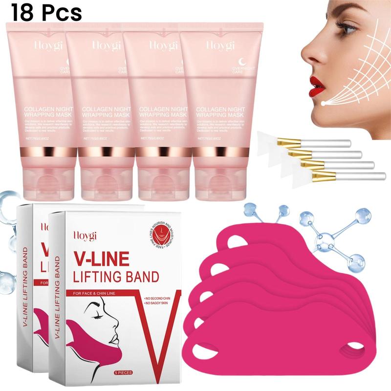 Collagen Overnight Wrapping Peel Off Facial Mask & Double Chin Mask & Brush, 18pcs set Hydrates and Tightens Skin Product, Firming & Lifting Tool