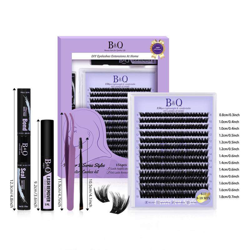 DIY Lash Extension Kit, B&Q 156pcs Lash Clusters, B37 D Curl Lash Clusters Kit, Waterproof Lash Clusters Kit Lash Extension Kit with Eyelash Extension Glue, Glue Remover, Lash Tweezers Lashes Clusters Kit for Eyelashes Extensions, Christmas Gift