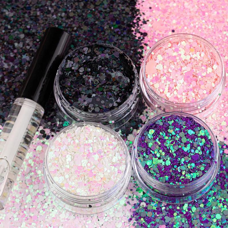 12 Colors of Holographic Chunky Glitter with Quick Dry Glue, 12 Pots Total 120g Multi-Shaped for Body Hair Face Eyes Make-up, Nail Art and Bedazzling in Party Concert Events Glitter