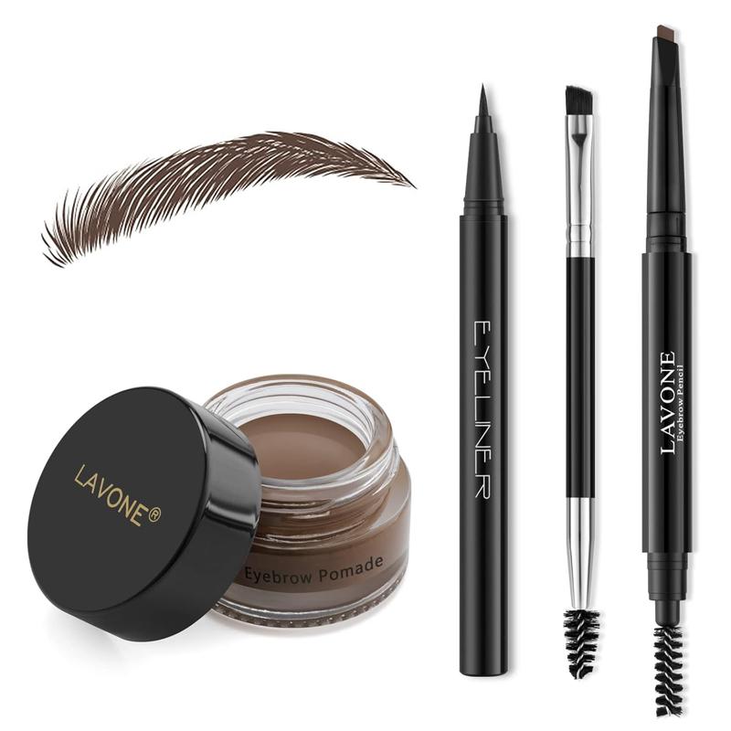 LAVONE Eyebrow Stamp Pencil Kit for Eyebrows Makeup, with Waterproof Eyebrow Pencil, Eyeliner, Eyebrow Pomade, and Dual-ended Eyebrow Brush - Dark Brown