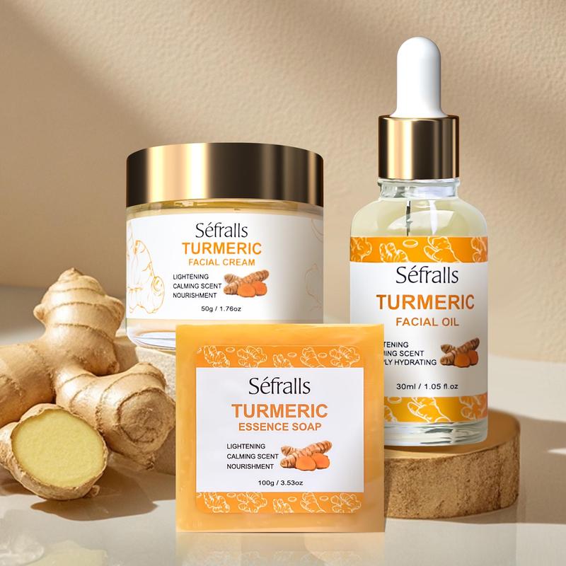 Turmeric Facial Care Kit, 3 Counts set Including Turmeric Facial Cream & Essence Soap & Facial Oil, Natural Ingredients Mild and Non Irritating Cleaning Kit