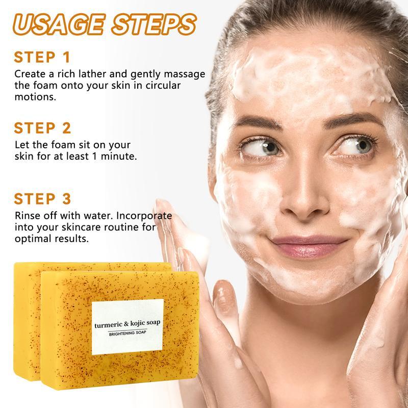 2PCS Turmeric and Kojic Acid Soap Bar Gentle Cleanser for Body Face, Turmeric Body Wash Soap Smooth Skin Cleansing Natural Handmade Soap Even out Tone Skin Body Care Skin Repair