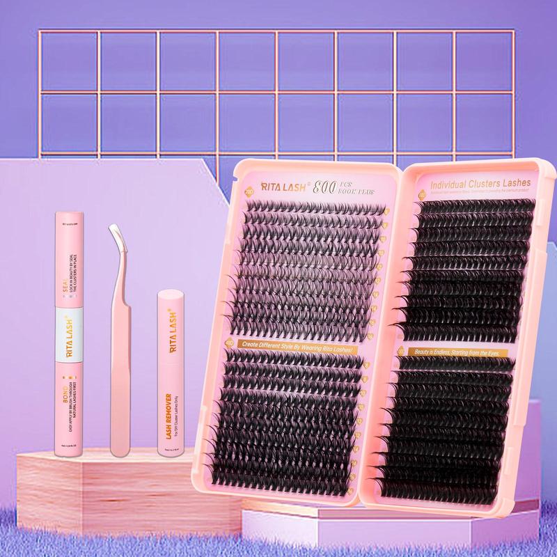 Individual False Eyelashes with Eyelash Extension Glue & Lash Remover & Tweezer, 1 Box Self Grafting Curl Eyelashes for Eyelash Extensions, Eye Makeup Enhancement False Eyelashes, Lash Clusters Kit, Makeup Set, Christmas Gift