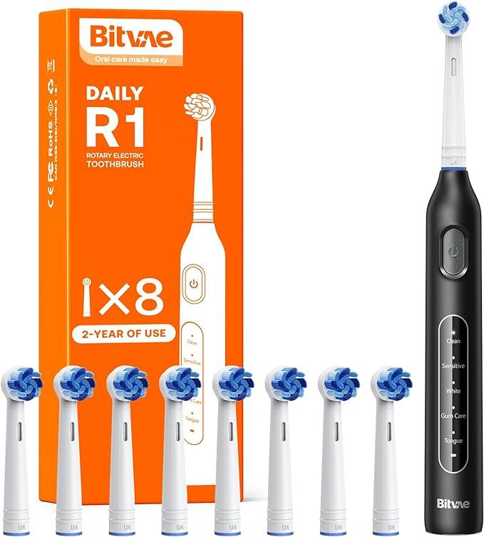 Bitvae R2 R1 Rotating Electric Toothbrush for Adults with 8 Brush Heads, Travel Case, 5 Modes, Pressure Sensor, 30 Days Battery Life