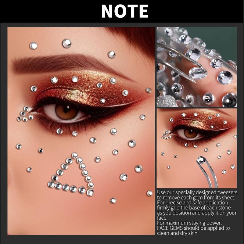 Self Adhesive Face Rhinestone Sticker with Tweezers, 4 Counts set Face Gems Sticker for Makeup, Stick on Face Decoration Sticker for Nail, Eye, Hair, Body, Craft