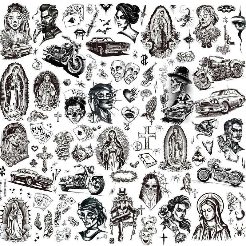 BG 12 Sheets Large Chicano Temporary Tattoos, Temporary Tattoos, Chicana Guadalupe Gangster Fake Tattoos Day of the Dead, Day of the Dead, Temporary Tattoos, Halloween Mexico Tattoos