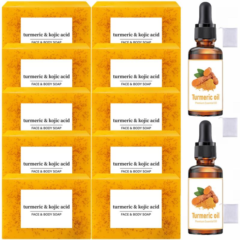 Turmeric Kojic Acid Soap & Essential Oil Set, 10pcs Soap & 2 Counts Oil & 3 Counts Foaming Net, Moisturizing Cleansing Daily Skin Care Sets for Women & Men