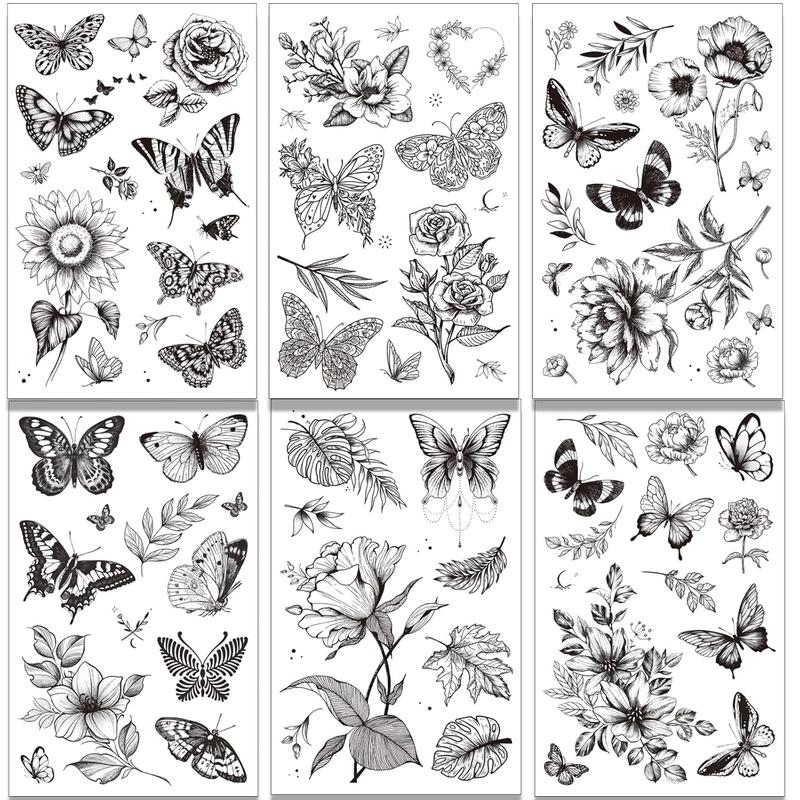 6 Sheets Black Flower Butterfly Temporary Tattoos For Women Girls Long Lasting Realistic Waterproof Fake Tattoos Arm Legs Chest Body Art Sketch Tattoo Stickers