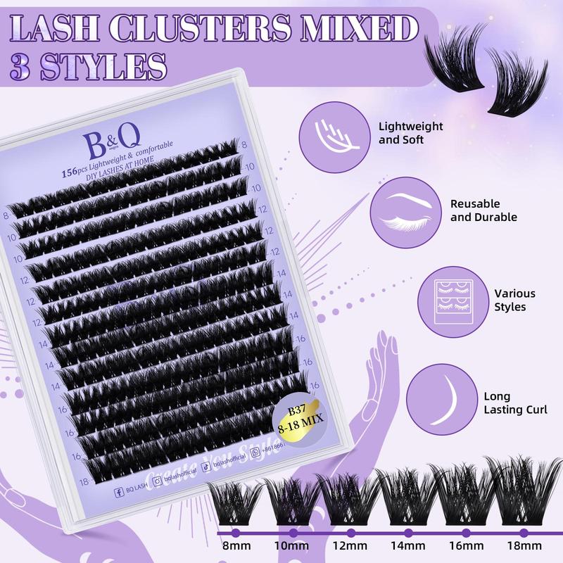 DIY Lash Extension Kit, B&Q 156pcs Lash Clusters, B37 D Curl Lash Clusters Kit, Waterproof Lash Clusters Kit Lash Extension Kit with Eyelash Extension Glue, Glue Remover, Lash Tweezers Lashes Clusters Kit for Eyelashes Extensions, Christmas Gift