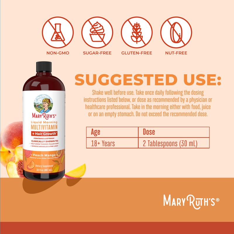 MaryRuth's Liquid Multivitamin + Hair Growth With Clinically Tested Lustriva - Thicker Hair - Reduce Wrinkles & Fine Lines - Vegan - 3-Pack, 30 Oz