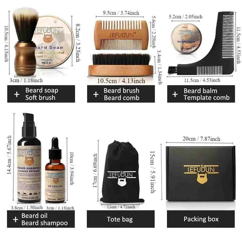 Men's Beard Care Gift Box, 1 Set Beard Care Cleaning and Styling Tool, Beard Oil, Beard Shampoo, Brush, Comb, Soap, Beard Balm, Storage Bag