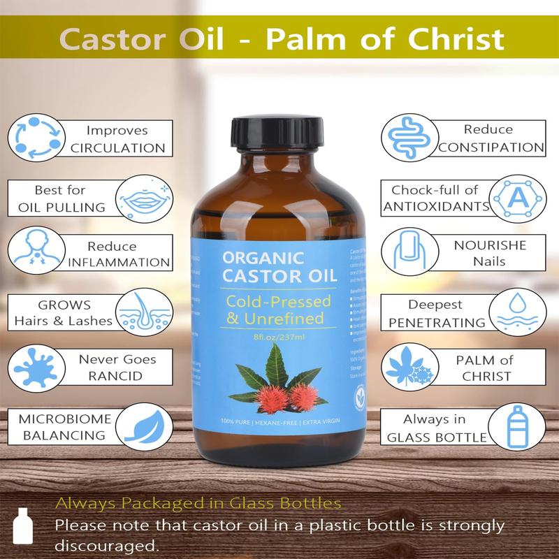 Castor Oil Organic Cold Pressed Unrefined, Organic Castor Oil Cold Pressed Glass Bottle with Castor Oil Pack Wrap and Cotton Flannel Cloth , 8oz 237ml castoroil body & massage oil Comfort Body Care Cosmetic