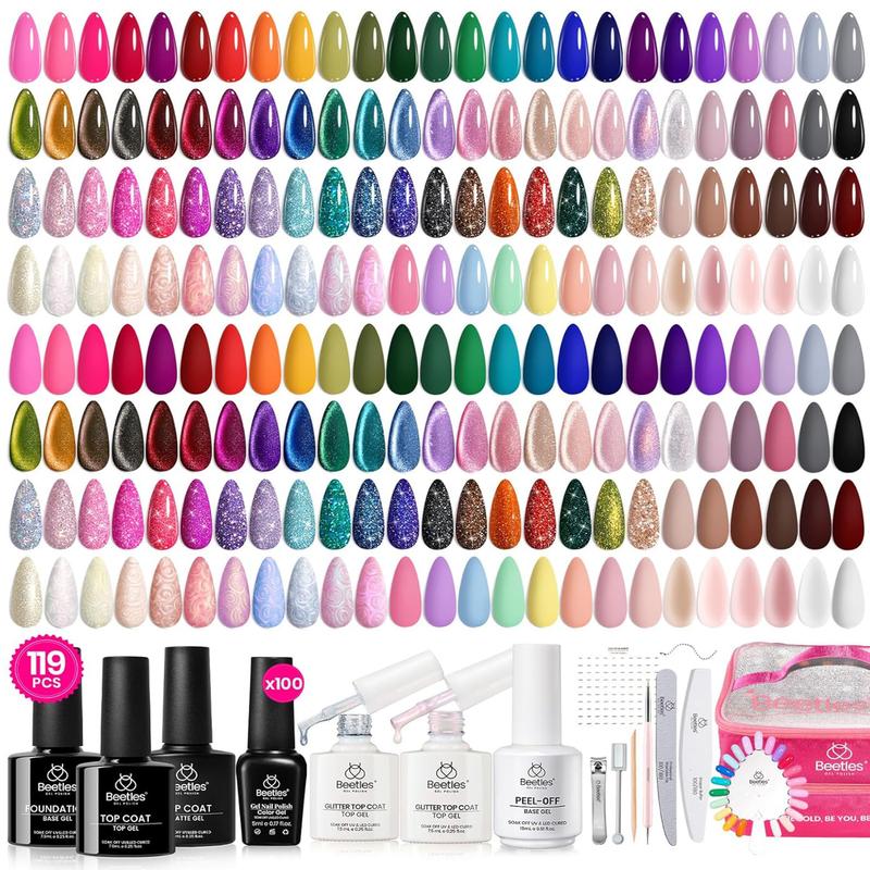 Beetles Gel Nail Polish Set,100 Colors Gel Polish Set Base Coat Glossy Matte Glitter Top Coat Gel Nail Polish Glitter Pearl Cat Eye Gel White Red Brown Green Blue Pink Nude Gel Gift for Women