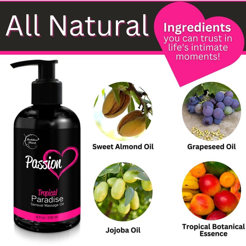 Passion Sensual Massage Oil for Date Night & Massage Therapy | Hydrating Body Oil for Couples | Smooth Glide & Moisturizing Skin, Tropical Scent