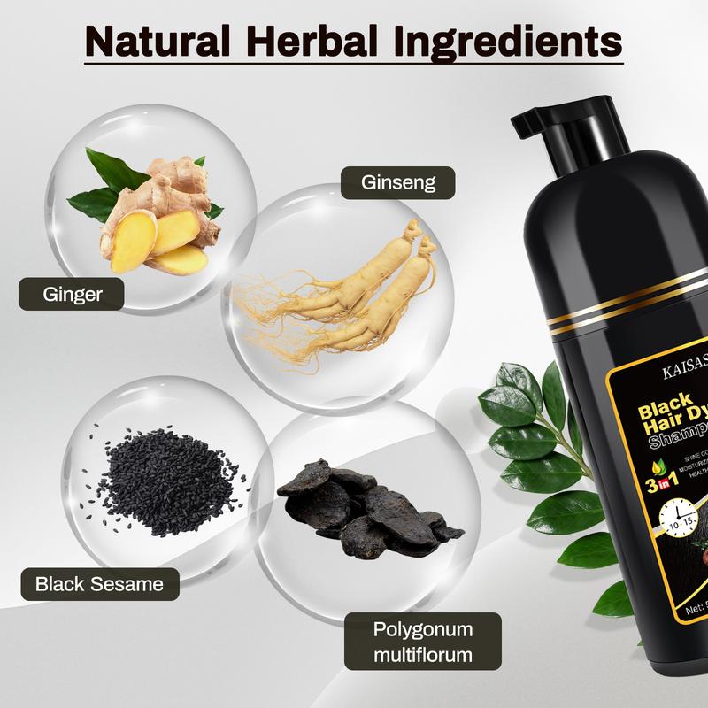 KAISASA Hair Dye Shampoo 3 in 1,Can cover gray hairs,Herbal Ingredients,Contains Ginseng Extract,Natural Haircoloring, Plant Haircare,black hairdye