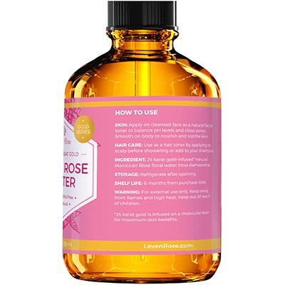 Leven Rose 24 Karat Gold Rose Water Toner 4 oz - Organic Natural Moroccan 24K Rosewater Toner - Calming - Skincare Cleanser, Acne Argan Oil Acne Argan